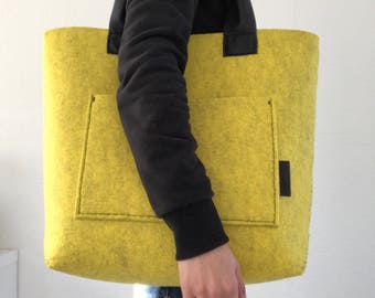 Marbled yellow felt tote bag, big market tote and purse