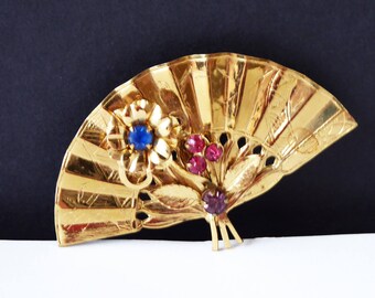 CORO Signed Rhinestone Fan Pin - Etched Design & Rhinestones w Floral Design Brooch Pin Art nouveau Early 1930's 1940's