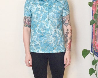 1970s Womens Collared Short Sleeve Shirt | Floral Paisley Vintage Blouse | 70s Patterned Top | Size Small Medium | Vintage Clothing Women