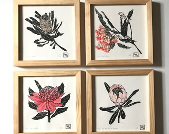 Protea, banksia, gum flowers, waratah linoprint set of four, Australian souvenir, botanical linoprint, floral art, original limited edition