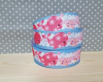 1 meter of Gros Grain Ribbon pink whale