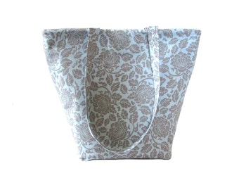 Floral Tote Bag, Blue Fabric Bag, Cloth Purse, Gray Flowers, Handmade Handbag, Shoulder Bag