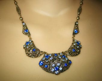 Antique 1920s Shades of Blue Rhinestone Lavalier Necklace W.Germany