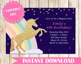 ON SALE Printable Unicorn Invitation Gold Glitter Unicorn Rainbow Invitation Girl Unicorn Birthday Invitation - Instant Download