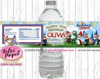 10 Gnomes Movie Party Custom Gnomeo and Juliet Water Bottle Labels Gnomes Party Favors