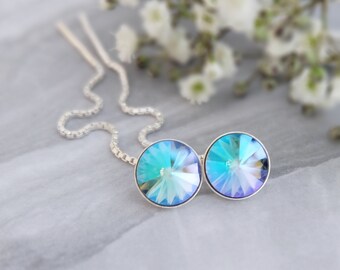 Ear threader earrings, Purple teal Swarovski earrings, Dainty earrings Sterling Silver earrings, Chain earrings, Crystal minimalist earrings