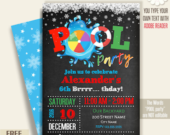 Pool party invitation, Printable winter pool party, chalkboard invite, Instant Download self Editable PDF File A218