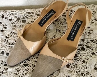 90’s Vintage Tan Leather and Linen Slingback Heels