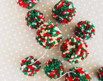 Pom Pom Garland Red & Green Yarn Pom Pom Garland Christmas Garland Christmas Decoration Red Garland Christmas Decor Red White Cream Green