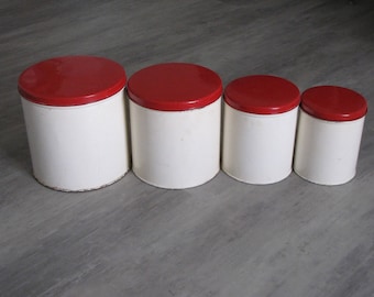 Vintage Metal Canisters - Set of Four - Beige and Red