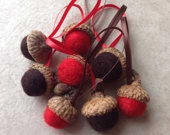 8 wool felted acorn ornaments in red and chocolate