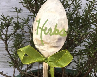 CUSTOMIZED PLANT MARKER: Plant marker made from hand-flattened silver plated spoon. Garden stake, garden marker, plant stake