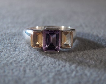Vintage Sterling Silver 3 Rectangle Amethyst 2 Golden Citrine Bold Band Ring, Size 8 **RL