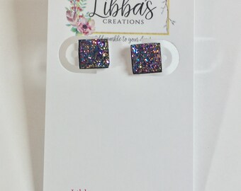 10mm Purple, Gold, and Teal Square Druzy Earrings