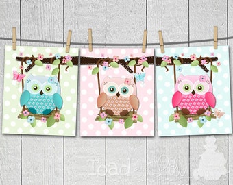 Set of 3 Sweet Little Owls on Swings Girls Bedroom Nursery 8 x 10 ART PRINTS