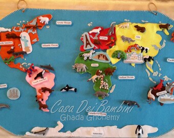 Montessori Continents of the world felt map, Geography Lesson, Educational Toys, Handmade Craft, Felt Activities, Gift For Toddler and kids
