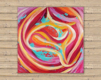 Original abstract oil painting on canvas, 50 x 50 cm, hippie art, pink painting