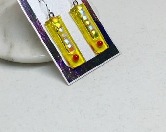 Earrings –Yellow and Red Dichroic Fused Glass Earrings