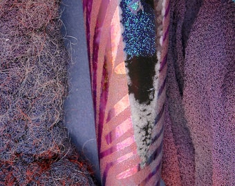 Lampwork Beads SRA "Ocean Sunrise" Handmade Sandblasted Glass Polished Dichroic Focal Window Bead Precious Metal Lustre ~ Pinks & Purples