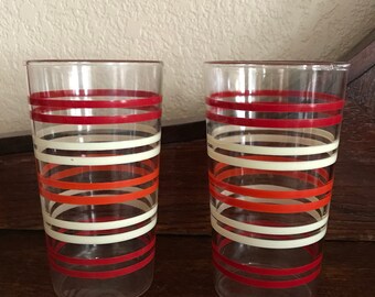 Two 50's drinking glasses red/orange/cream stripes