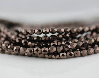 50 Chocolate Bronze, 3mm Czech firepolish glass faceted round beads (FP-3M-75)