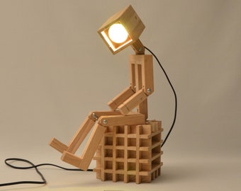 Wooden articulated design lamp in the form of a personage, recyled oak wood, LED color and remote controle, Jaffu by Lune et Animo