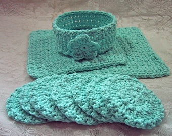 10 Piece Facial Set in Pale Aqua - 2 Facial Wash Cloths, 7 Scrubbies & Holder - Crocheted Cotton Yarn - Pamper Yourself - Nice Gift Set