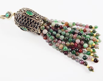 Large Long Deep Green Flower Stone Beaded Tassel with Green Clear Crystal Accents - Antique Bronze - 1PC