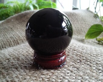 On Sale Black Obsidian Orb Sphere, 40mm, With Laqured Wooden Stand, Grounding, Release Negativity