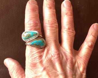 Double Turquoise and Silver Ring, Adjustable Size