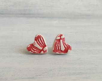 Red hearts lobe earrings-ceramic stud earrings-red hearts ceramic-heart earrings-Ceramic Jewelry