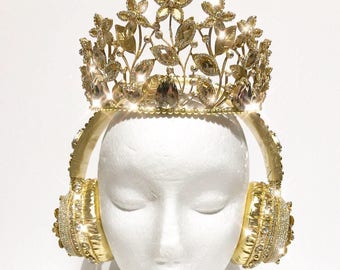 HEADPHONES and CROWN gold rhinestones crystals tiara decorated embellished handmade bespoke hairjewellery