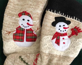 Pair of Oatmeal Woolly Christmas sweater stockings with snowmen
