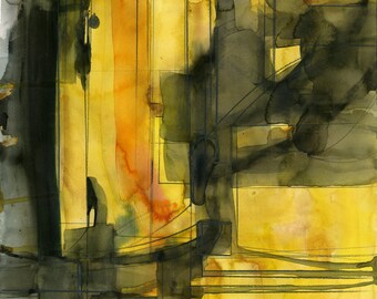 Black, Yellow Abstract Painting, Watercolor, Art, "Abstract Odyssey" Original mixed water media ooak painting by Kathy Morton Stanion EBSQ