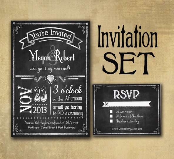 Rustic Chalkboard Style Wedding Invitation Set includes RSVP