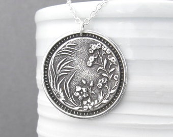 Wildflower Necklace, Long Silver Necklace, Sterling Silver Large Circle Pendant, 30 Inch Necklace Holiday Gift for Her