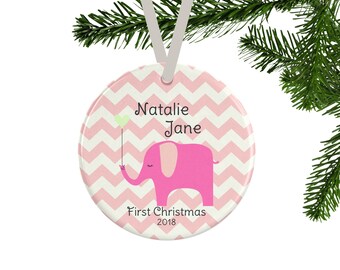 Baby's First Christmas Ornament, Personalized Baby Girl Gift, Baby Shower Gift, Keepsake Ornament, New Parent Gift, Pink Elephant