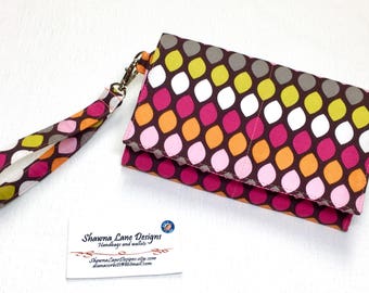 cell phone wristlet wallet, brown pink colorful wallet, Women's Wallet with strap, mobile phone accessory, credit card keeper, small purse