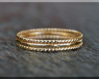 Set of 3 Ultra Thin 14k Gold Filled Stacking Ring, Twisted 14k gold filled ring, Delicate gold filled ring, Dainty Hammered stacking ring