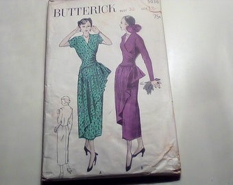 RARE Vintage 1940's Butterick 5036 Dress with Pouf Drape on Skirt Sewing Pattern Size 12 Bust 30