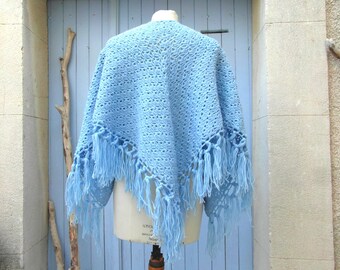 Handmade vintage shawl, wool scarf, blue crochet shawl, winter scarf, vintage clothing, retro clothes, gypsy shawl, tassel shawl, boho shawl
