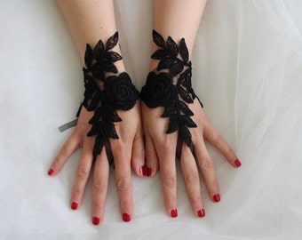 Gothic black, lace wedding gloves, costume gloves,halloween gloves, free shipping!