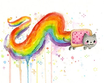 Rainbow Cat Watercolor Art Print Giclee, Rainbow Art, Whimsocal Cat Art, Cat Painting, Meme Print, Meme Art, Rainbow Poptart, Internet Meme