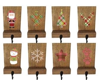 stocking holders, mantle stockings, reclaimed wood, set of 6, rustic Christmas, plaid stocking hooks, mantle decor, wood stocking hanger
