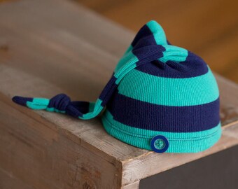 Upcycled Newborn Hat, Teal and Navy Striped Newborn Hat, Newborn Boy Hat, Newborn Photography Prop, Newborn Hospital Hat, Newborn Boy Prop