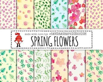 Flowers digital paper with HAND PAINTED FLOWERS for scrapbooking, cards, etc (1237)