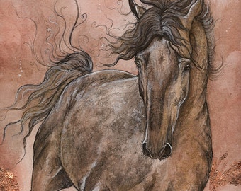 Dark grey arabian horse, equine art, equestrian portrait, original gilded pen, watercolour and guache painting