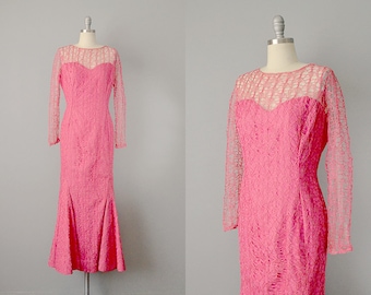 50s Dress // 1950’s Pink Raffia Lace and Silk Mermaid Dress by Grace Poliner // S-M