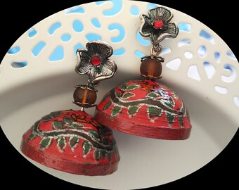 Red Flower- The Hand Painted Earrings in Jhumka Style