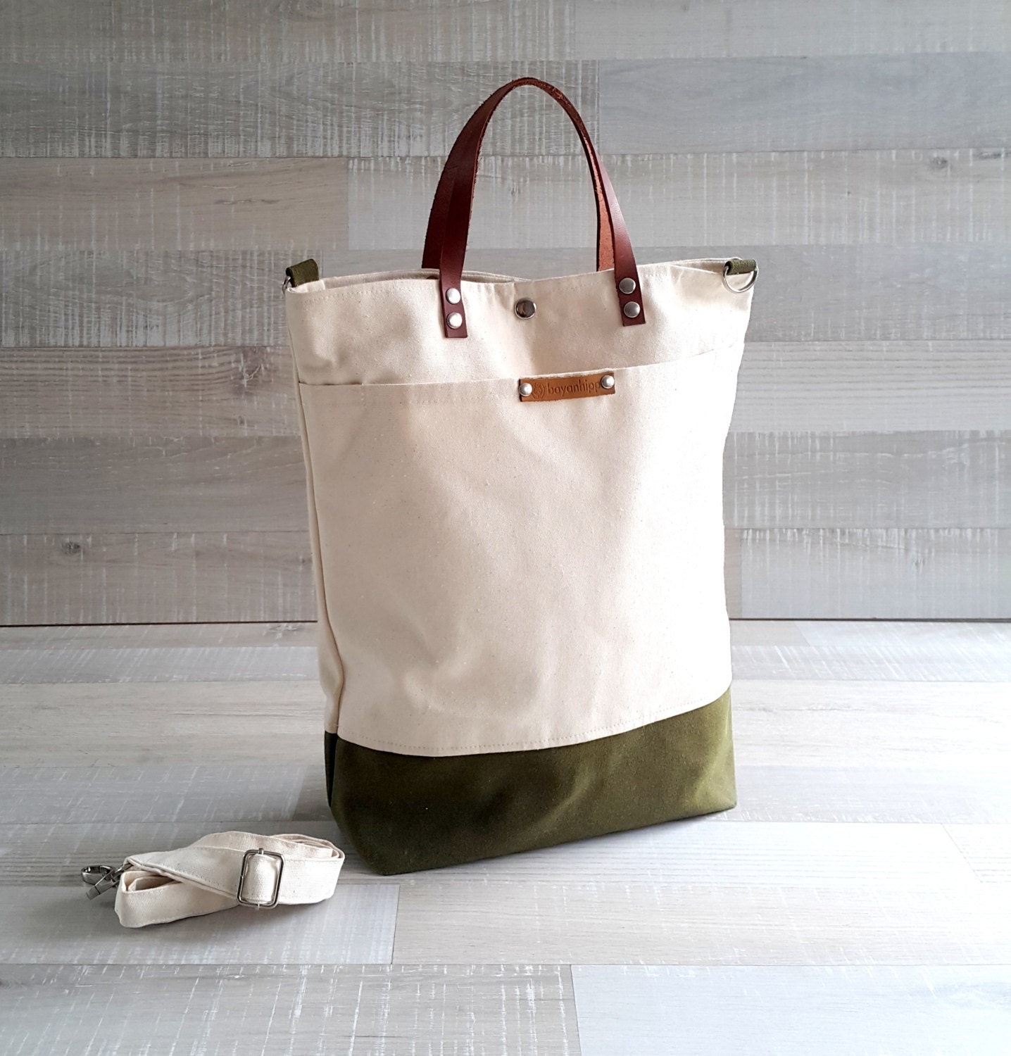 Comfy Unisex Tote canvas tote bag Natural Cream and army